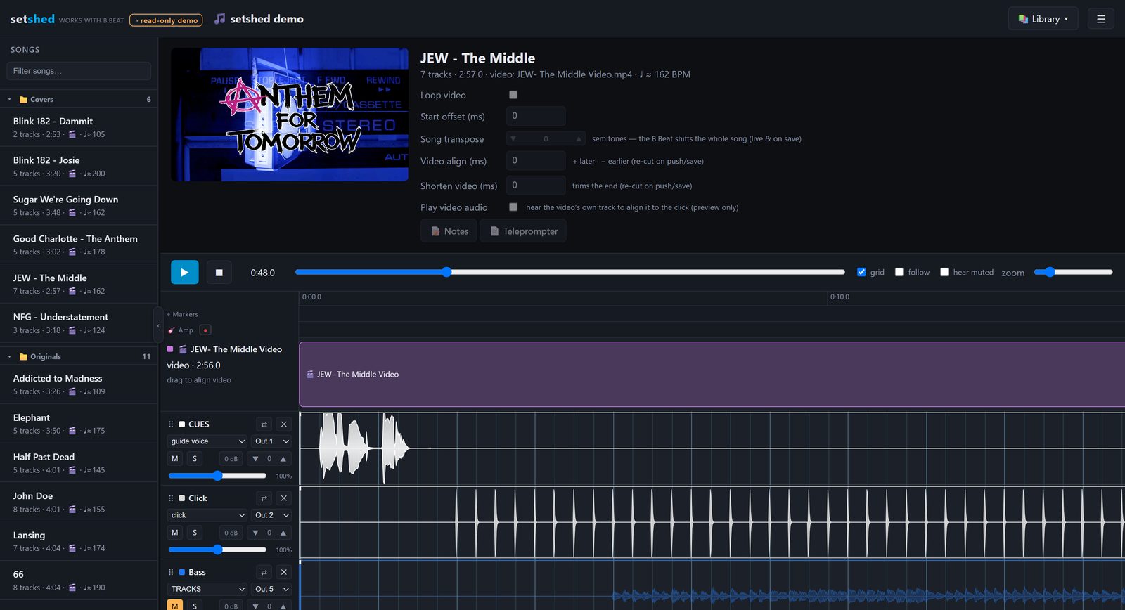 The setshed editor: song library, stem mixer, beat grid, waveforms and the song's video