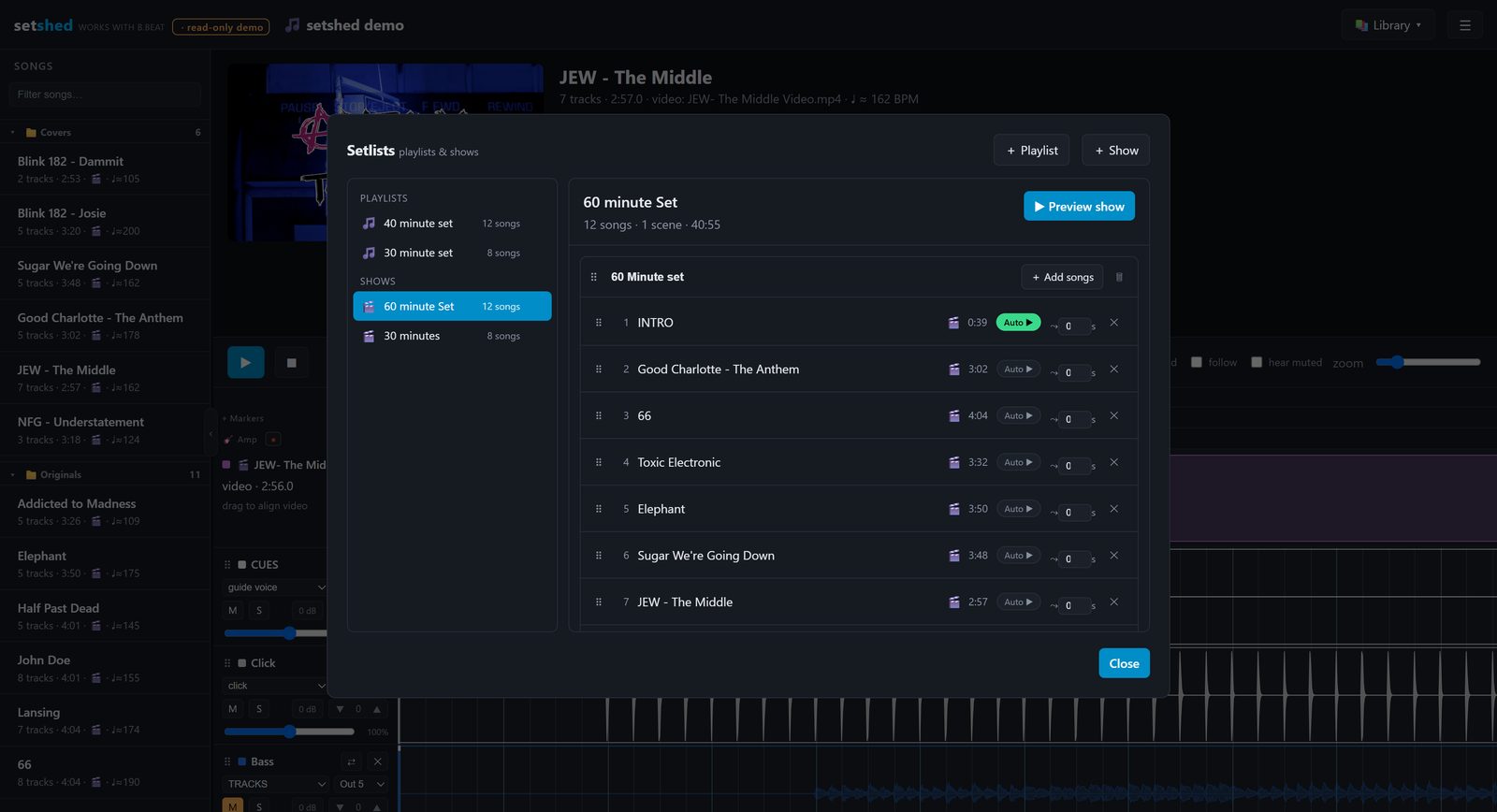 Setlist builder: a 60-minute 12-song show with auto-advance