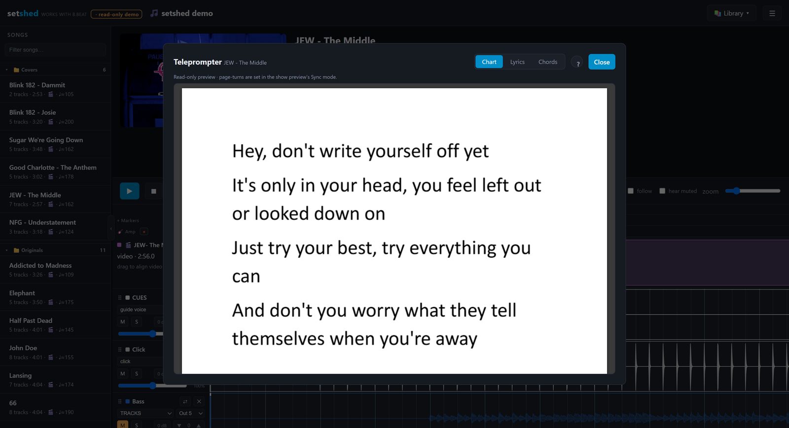 Teleprompter with a synced lyric chart