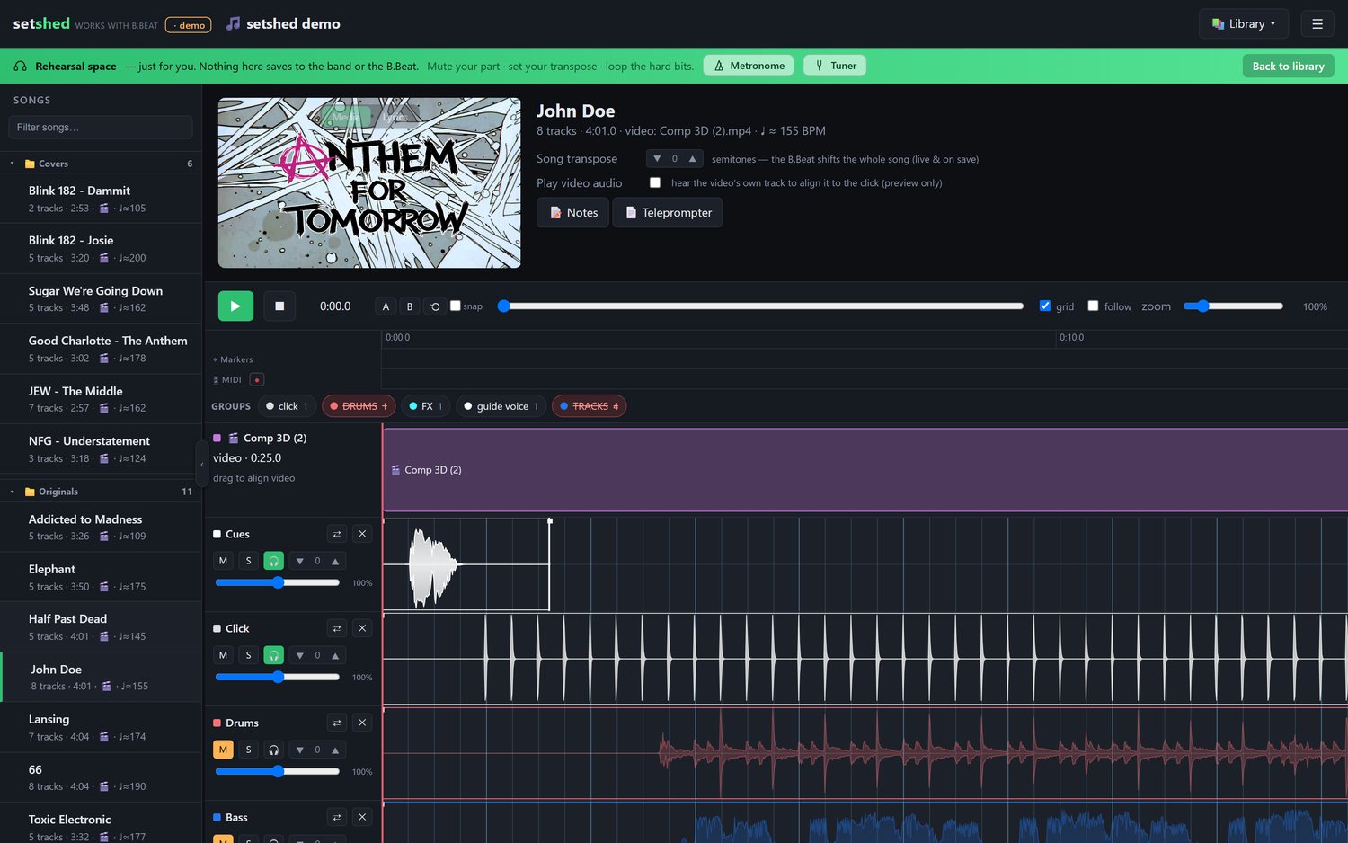 The rehearsal space: a green ribbon across the top with the metronome and tuner, over your own mix of the song